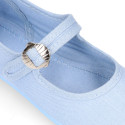 Girl's Mary Jane with Japanese-style buckle in COTTON canvas in SKY BLUE color.