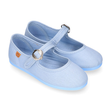 Girl's Mary Jane with Japanese-style buckle in COTTON canvas in SKY BLUE color.