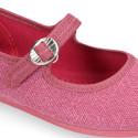 Girl's Mary Jane with Japanese-style buckle in LINEN canvas in PLUM color.