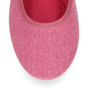 Girl's Mary Jane with Japanese-style buckle in LINEN canvas in PLUM color.