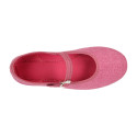 Girl's Mary Jane with Japanese-style buckle in LINEN canvas in PLUM color.
