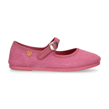 Girl's Mary Jane with Japanese-style buckle in LINEN canvas in PLUM color.