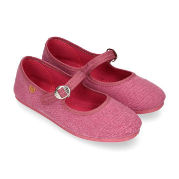 Girl's Mary Jane with Japanese-style buckle in LINEN canvas in PLUM color.