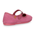 Girl's Mary Jane with Japanese-style buckle in LINEN canvas in PLUM color.