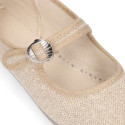 Girl's Mary Jane with Japanese-style buckle in LINEN canvas in NATURAL color.
