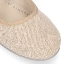 Girl's Mary Jane with Japanese-style buckle in LINEN canvas in NATURAL color.