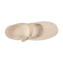 Girl's Mary Jane with Japanese-style buckle in LINEN canvas in NATURAL color.