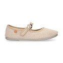 Girl's Mary Jane with Japanese-style buckle in LINEN canvas in NATURAL color.