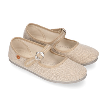 Girl's Mary Jane with Japanese-style buckle in LINEN canvas in NATURAL color.