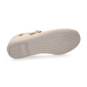 Girl's Mary Jane with Japanese-style buckle in LINEN canvas in NATURAL color.