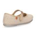 Girl's Mary Jane with Japanese-style buckle in LINEN canvas in NATURAL color.