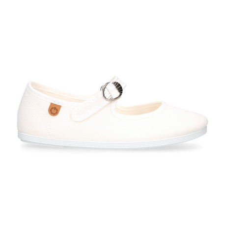 Girl's Mary Jane with Japanese-style buckle in COTTON canvas in WHITE color.