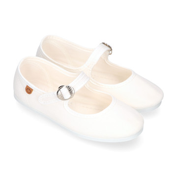 Girl's Mary Jane with Japanese-style buckle in COTTON canvas in WHITE color.