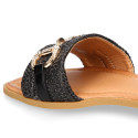 Women's clog-style sandal with braided design andd gold stirrup