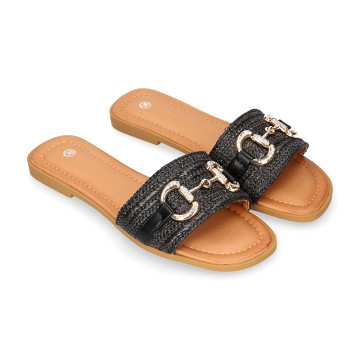 Women's clog-style sandal with braided design andd gold stirrup