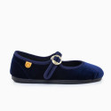 Girl's Mary Jane with Japanese-style buckle in VELVET canvas in NAVY BLUE color.
