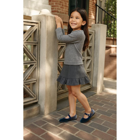 Girl's Mary Jane with Japanese-style buckle in VELVET canvas in GREY color.
