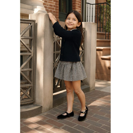 Girl's Mary Jane with Japanese-style buckle in VELVET canvas in BLACK color.