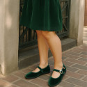 Girl's Mary Jane with Japanese-style buckle in VELVET canvas in DEEP GREEN color