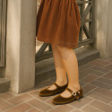 Girl's Mary Jane with Japanese-style buckle in VELVET canvas in NUT BROWN