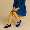 Girl's Mary Jane with Japanese-style buckle in VELVET canvas in IRIS BLUE