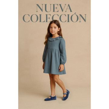 Girl's Mary Jane with Japanese-style buckle in VELVET canvas in MEDIUM BLUE