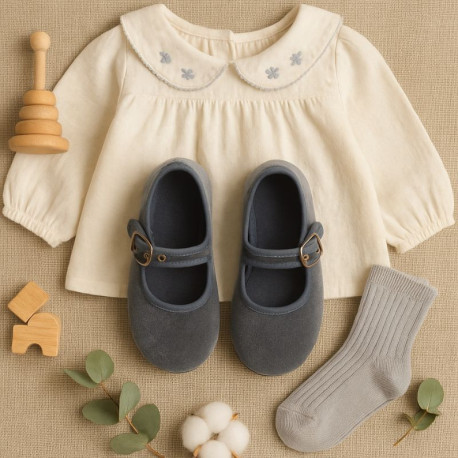 Girl's Mary Jane with buckle in VELVET canvas in GREY color