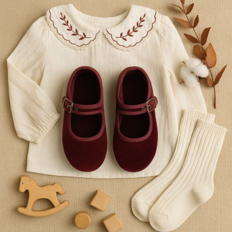 Girl's Mary Jane with buckle in VELVET canvas in DEEP RED color