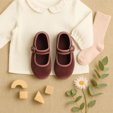 Girl's Mary Jane with buckle in VELVET canvas in MAKE UP PINK color