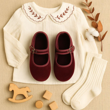 Girl's Mary Jane with buckle in VELVET canvas in DEEP RED color