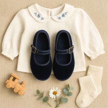 Mercedita niña con hebilla en TERCIOPELO AZUL MARINO