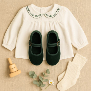 Girl's Mary Jane with buckle in VELVET canvas in GREEN color