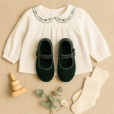 Girl's Mary Jane with buckle in VELVET canvas in GREEN color