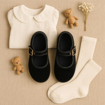 Girl's Mary Jane with buckle in VELVET canvas in BLACK color