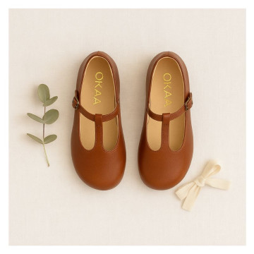 Girl T-BAR Mary Jane shoes in TAN Nappa leather.