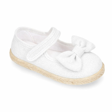White Linen Mary Jane Shoes for Children with Bow and Adjustable Strap