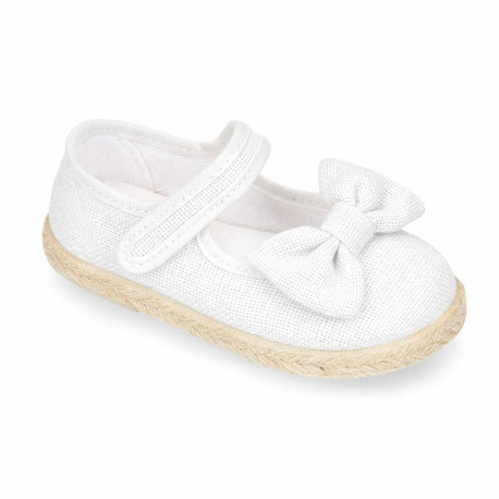 White Linen Mary Jane Shoes for Children with Bow and Adjustable Strap