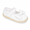 White Linen Mary Jane Shoes for Children with Bow and Adjustable Strap