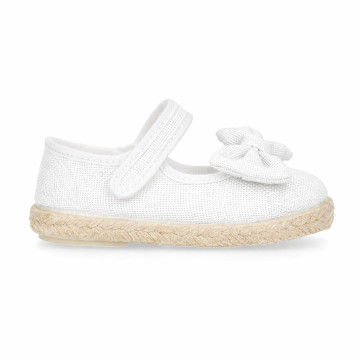 White Linen Mary Jane Shoes for Children with Bow and Adjustable Strap