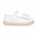White Linen Mary Jane Shoes for Children with Bow and Adjustable Strap