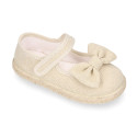 Alpargata niña Mercedita de lino beige con lazo y cierre adherente