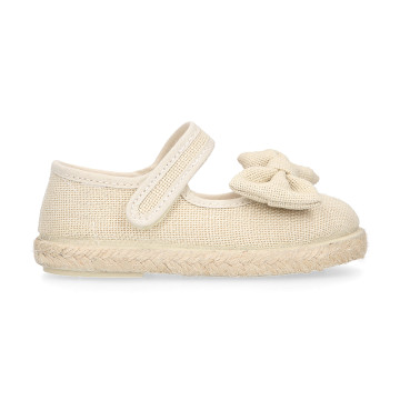 Beige Linen Mary Jane Shoes for Children with Bow and Adjustable Strap