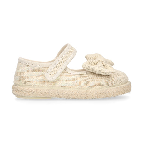 Beige Linen Mary Jane Shoes for Children with Bow and Adjustable Strap