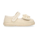 Beige Linen Mary Jane Shoes for Children with Bow and Adjustable Strap