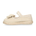 Alpargata niña Mercedita de lino beige con lazo y cierre adherente