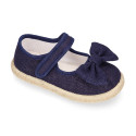 Deep blue Linen Mary Jane Shoes for Children with Bow and Adjustable Strap