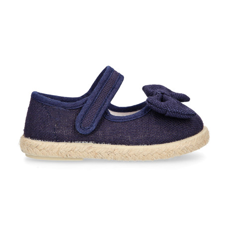 Deep blue Linen Mary Jane Shoes for Children with Bow and Adjustable Strap