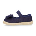 Deep blue Linen Mary Jane Shoes for Children with Bow and Adjustable Strap