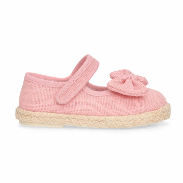 Make up pink Linen Mary Jane Shoes for Children with Bow and Adjustable Strap
