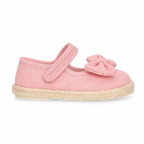 Make up pink Linen Mary Jane Shoes for Children with Bow and Adjustable Strap